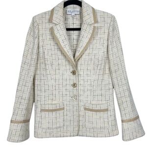 St. John Collection beige and tan plaid knit blazer jacket quiet luxury classic